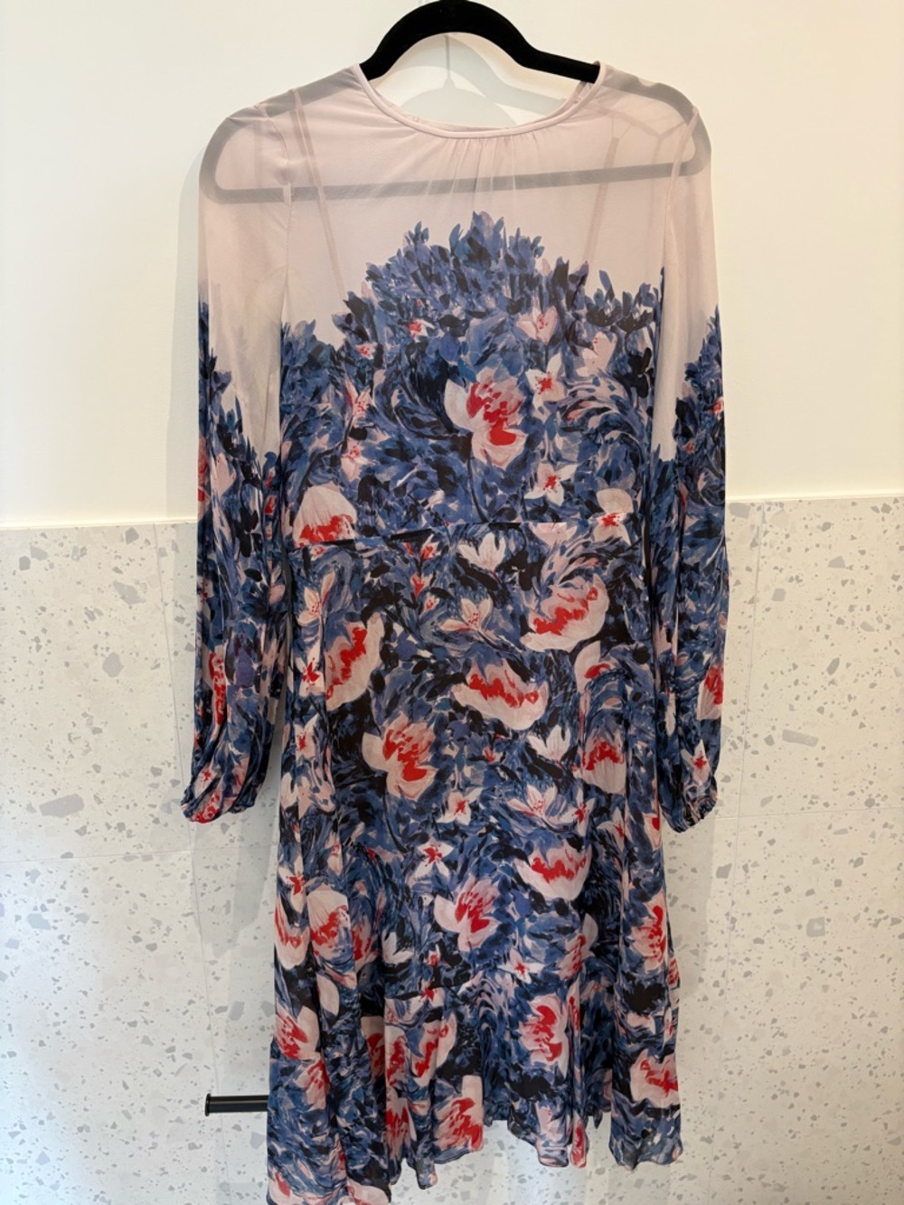 BCBGMaxAzria Blue Floral Print Dress with Red Accents